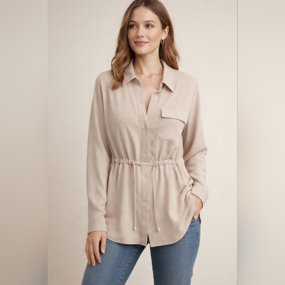 Zara Tops - Zara Beige Drawstring Waist Jacket Blouse